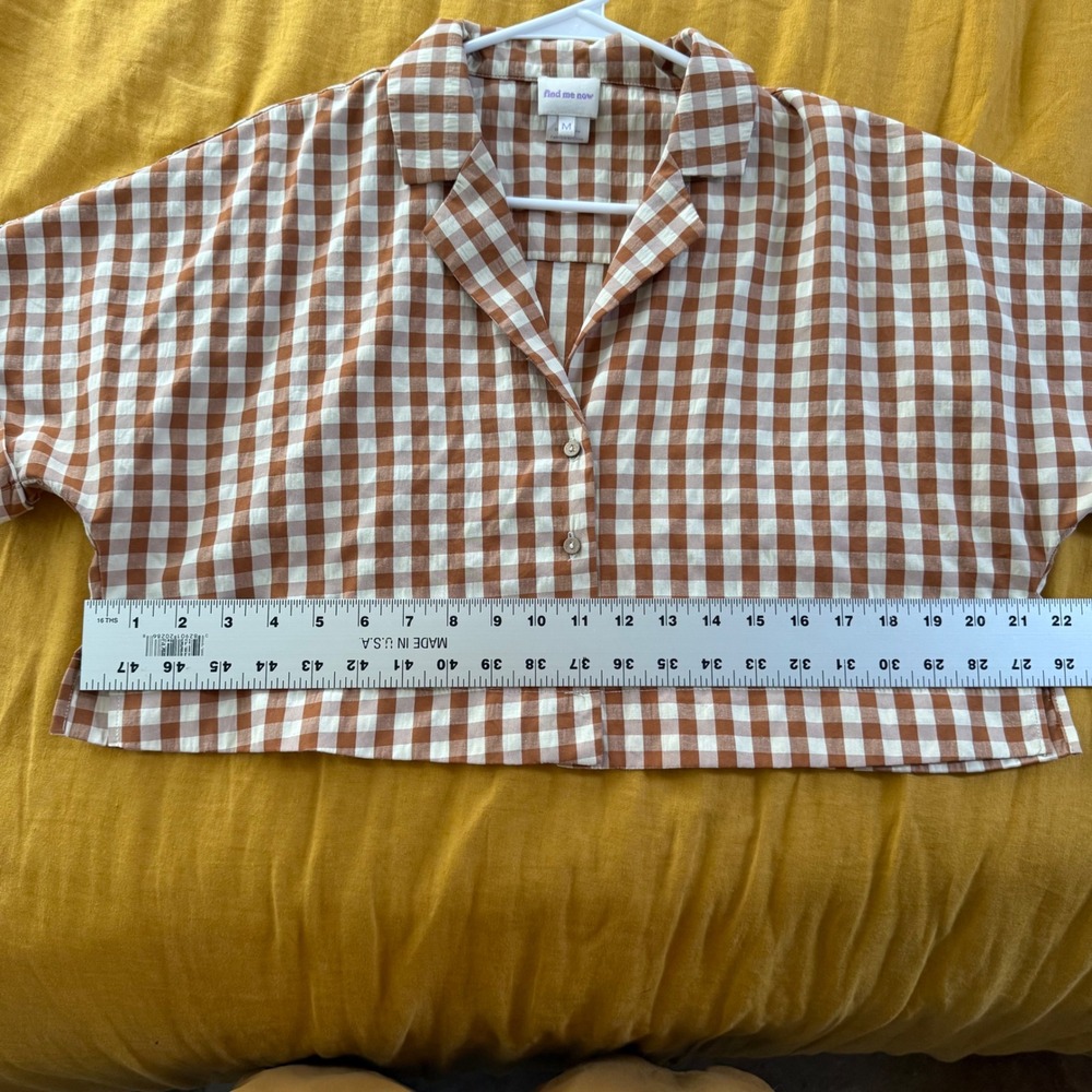 Find Me Now Womens Brown Gingham Cropped Short Sleeve Button Down Shirt Size M - Picture 5 of 5